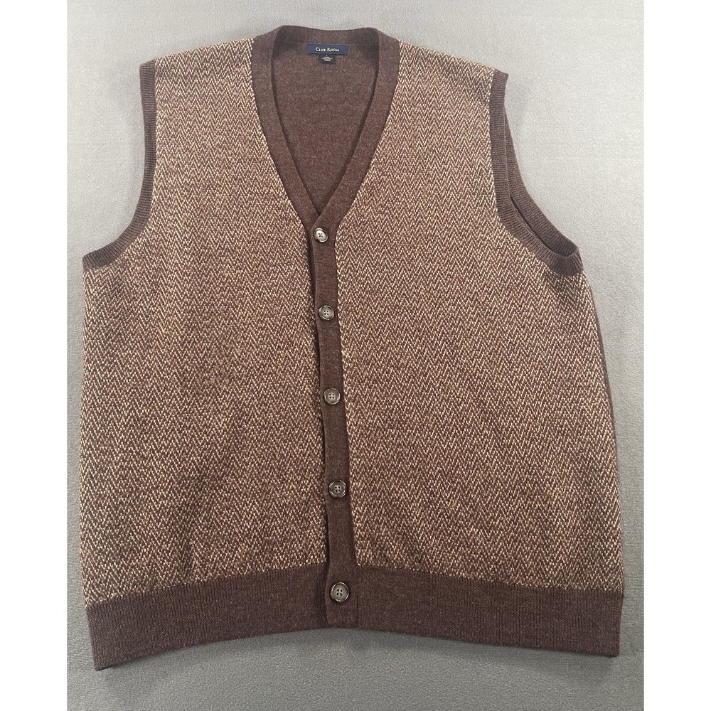 Club Room 100% Merino Wool Brown-Tan Herringbone Sweater Vest Size LARGE Classic
